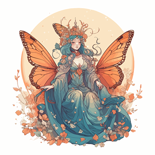 a beautiful ethereal queen butterfly fairy with a surrounding celestial design in detailed drawing style + simple vector + bright colors on a white background