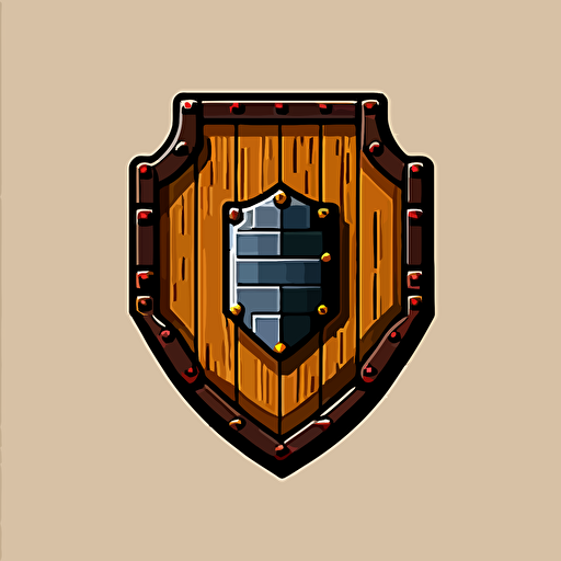 a logo showing a simple wooden shield as a 16-bit pixel with black outline vector