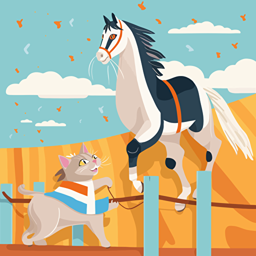 An cat that American Shorthair with orange stripes on a white background and a horse that sky-blue furred with white skin climbing in artificial climbing wall, bright sunny day, cheering crowd below, Vector illustration with a clean, modern style, created using Adobe Illustrator, 1:1 ratio,