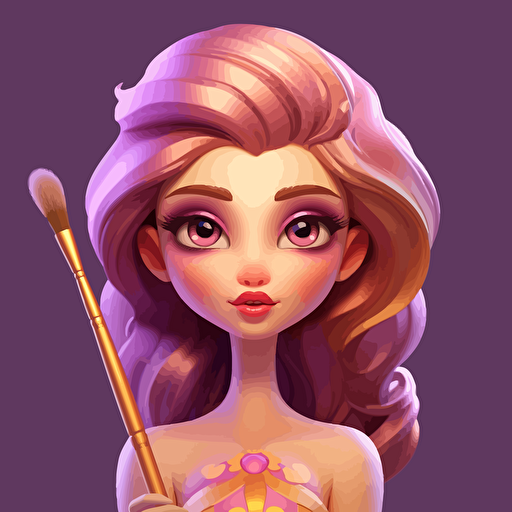 girl make up brush, big head brush, pink purple, golden body, illustration, vector art, 2d game art