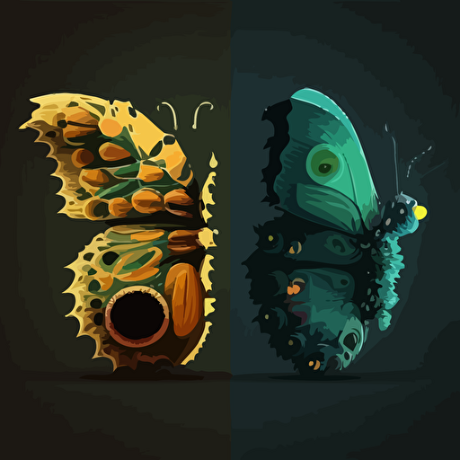 metamorphosis caterpillar transforms into butterfly, vector art, 2D, simple