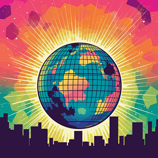 design a awesome retro poster, with retro colors a disco ball, vinyl records, vector, pink floyd style