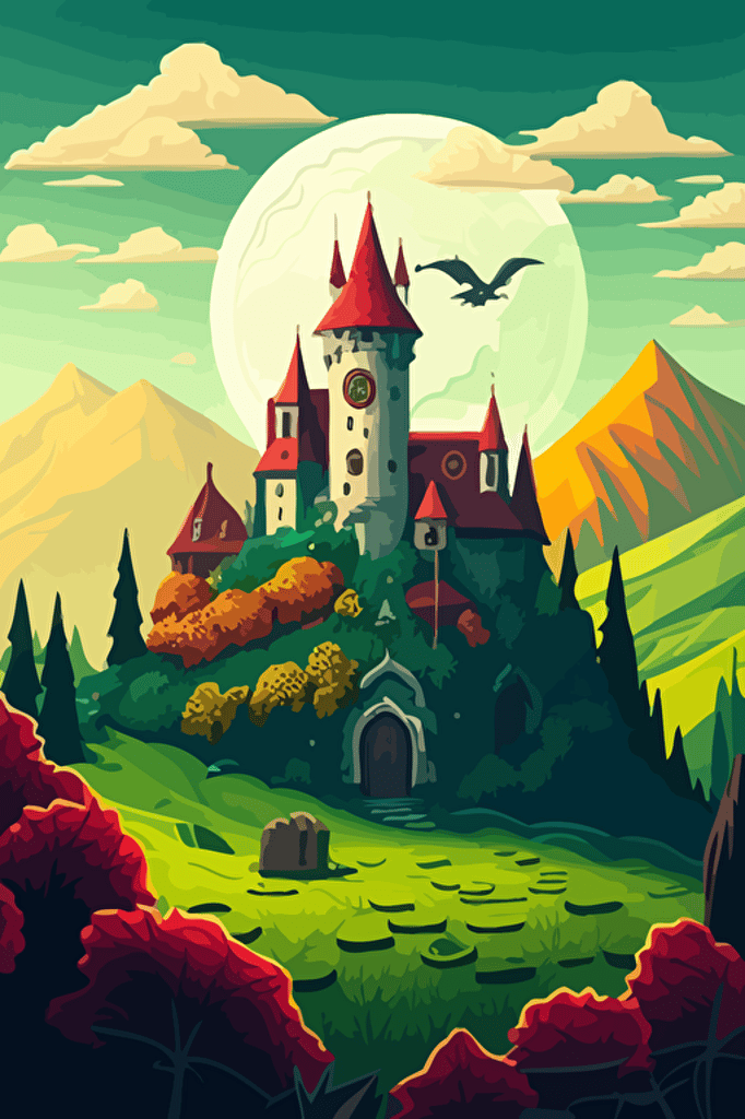 a castle nestled in a lush, green valley surrounded by giant crypto coins. The colors bright and vibrant, a sense of beauty and adventure, vector illustration