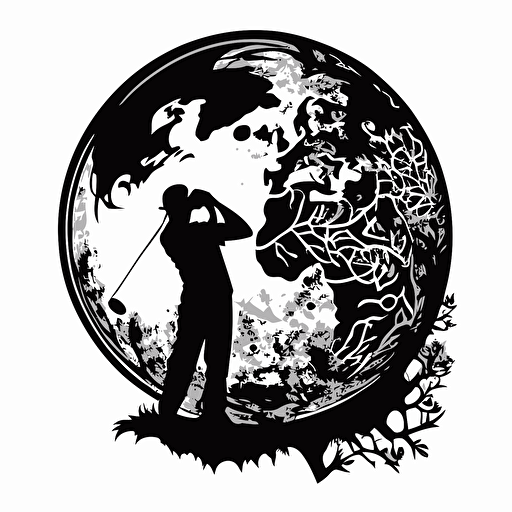 logo vector, silhouette of a golfer and earth, black and white, intricate, detailed**