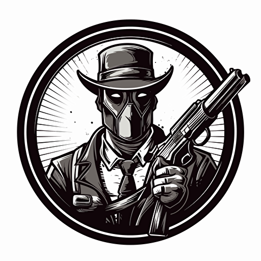 western style vector logo of deadpool holding two guns , black and white, monochromatic, flat,