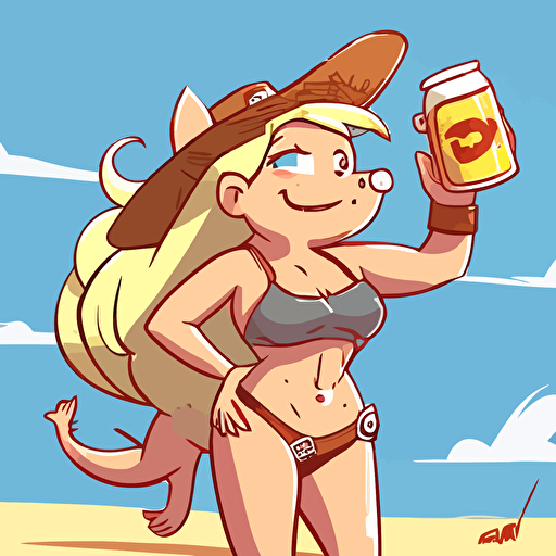 pig, female, baywatch, cowboy hat, beer in the hand, blonde hair, fun, playful, cartoon, super cute, beach, 2d, vector, flat