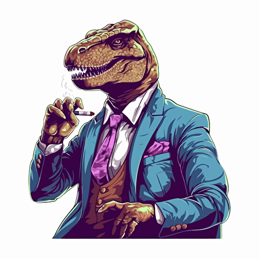 Trex smoking a cigar wearing a suit, big colour design,super crisp, on blank white background, vector art, 2d