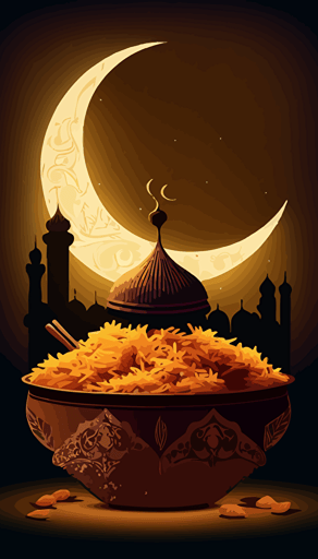 a ramadhan moon behind a pot of biriyani clear background illustration vector style