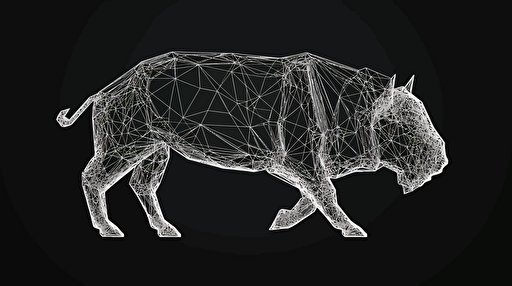VISUAL STYLE: Line Drawing, Extremely simplistic, GENRE: Company Logo, SUBJECT(S): Bison, Mesh Nodes, TIME PERIOD: Contemporary, COLOR: Black and White, ASPECT RATIO: 16:9, FORMAT: Vector Art, FRAME SIZE: 1080p, LENS SIZE: N/A, COMPOSITION: Bison in a leaping pose, with triangular mesh nodes covering its legs, centered on the frame, LIGHTING: N/A, LIGHTING TYPE: N/A, TIME OF DAY: N/A, ENVIRONMENT: N/A, LOCATION TYPE: N/A, SET: N/A, CAMERA: N/A, LENS: N/A, FILM STOCK / RESOLUTION: N/A, TAGS: Bison, Mesh Nodes, Leaping, Vector Art