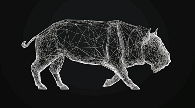 VISUAL STYLE: Line Drawing, Extremely simplistic, GENRE: Company Logo, SUBJECT(S): Bison, Mesh Nodes, TIME PERIOD: Contemporary, COLOR: Black and White, ASPECT RATIO: 16:9, FORMAT: Vector Art, FRAME SIZE: 1080p, LENS SIZE: N/A, COMPOSITION: Bison in a leaping pose, with triangular mesh nodes covering its legs, centered on the frame, LIGHTING: N/A, LIGHTING TYPE: N/A, TIME OF DAY: N/A, ENVIRONMENT: N/A, LOCATION TYPE: N/A, SET: N/A, CAMERA: N/A, LENS: N/A, FILM STOCK / RESOLUTION: N/A, TAGS: Bison, Mesh Nodes, Leaping, Vector Art