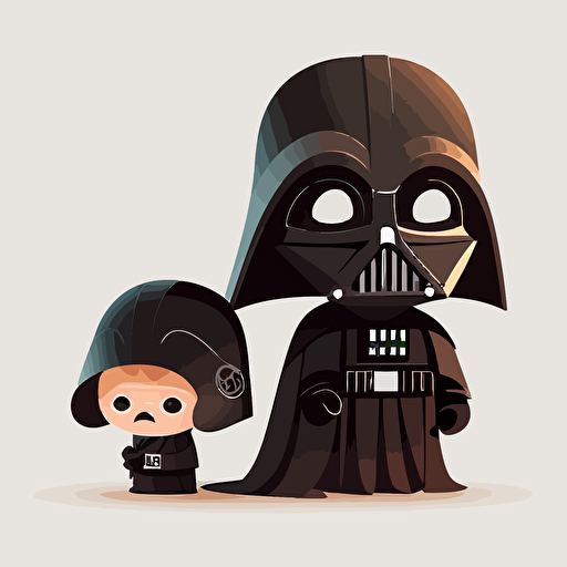 A beautiful female darth vader with his son, goofy looking, smiling, minimalistic, flat light, white background, vector art, pixar style