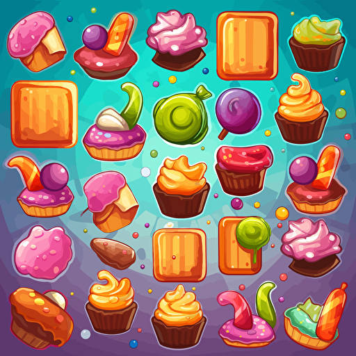 Design me a colorful background with candy and cakes for match 3 style games, 2d vector, illustration