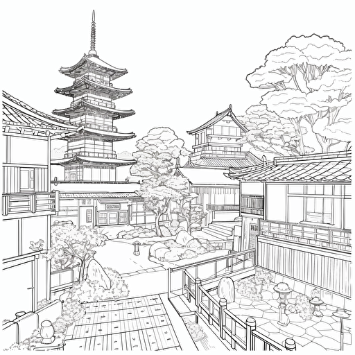 Landscape. Japanese Style City. Wooden Architecture. No Shadow. Cartoon. Coloring page. Vector. Simple.