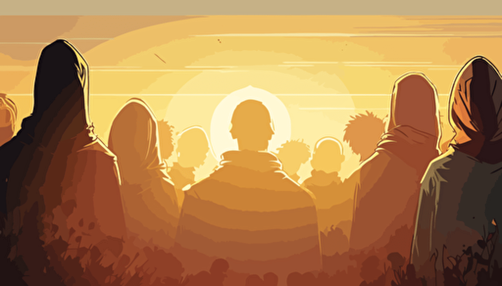 A warm sunny summer day approaching sunset as background context. Wide angle image. vector art, softly colored modern day people who have gathered to pray, They are huddled closely together praying with heads bowed and holding each other's hands, facing the horizon. Make the angle wide angle with some depth of field .