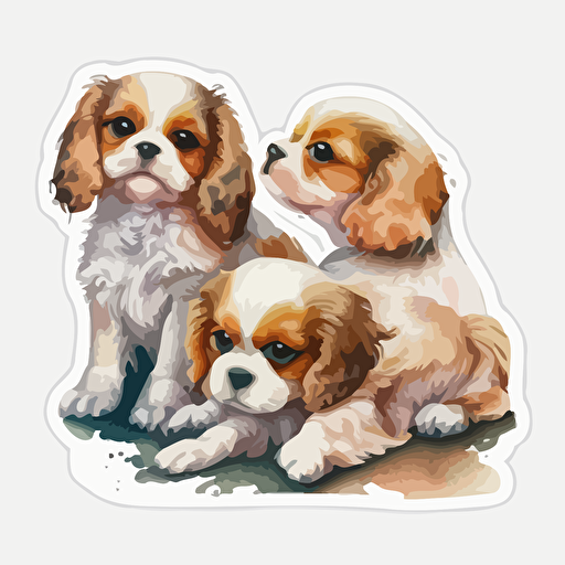 watercolor cavalier puppies playing vector art sticker