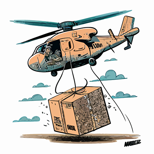 vector drawing of helicopter delivering amazon package from slung rope in a warzone