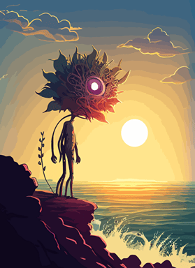 alien holding a flower, standing on a cliff, tsunami in the background, sun in the distance, vector, digital art
