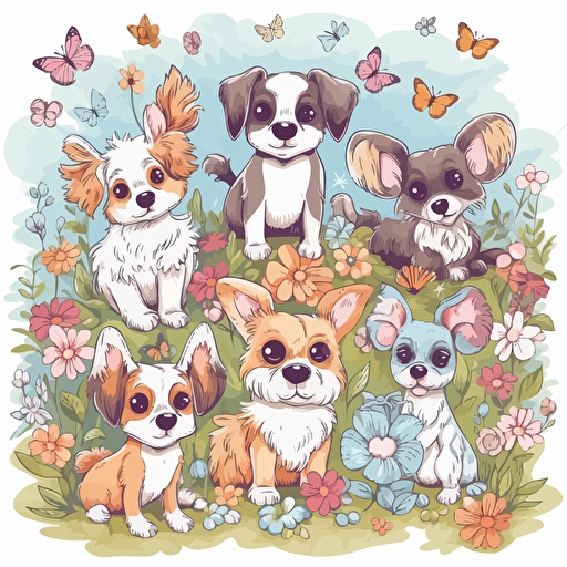 Collection of adorable hand drawn puppies with big eyes and fluffy fur, sitting and playing in a colorful garden filled with flowers and butterflies, conveying joy and cuteness, Vector illustrations, vibrant colors,