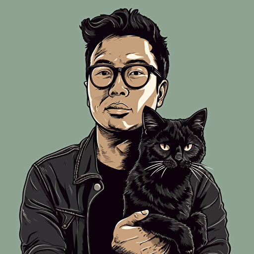 vector art style, 28 year old asian black designer, holding a cat, in the style of Michael Parks