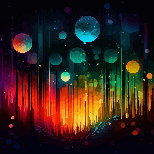 an array of moons, rainbow, vibrant colours, abstract, vector, fireflies, glowing lights