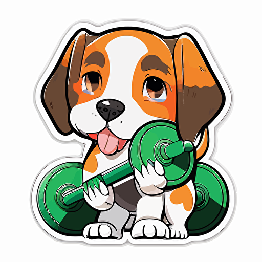 vector happy beagle puppy sitting next to a dumbell sticker+ white background + vibrant green and orange+ cartoon