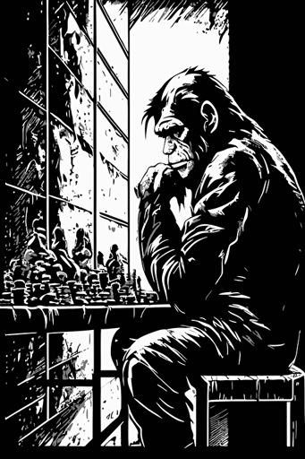 A chimpanzee deep in thought, playing chess. Black & White, detailed line drawing, vector art, comic, abstract.