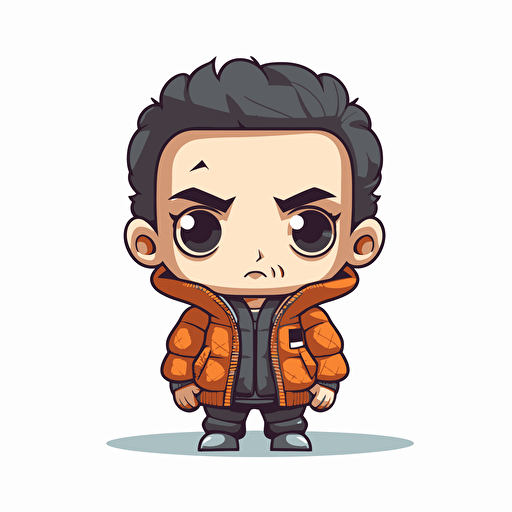 a flat 2D vector picture in Unreal Engine of a boy funko pop dressed puff jacket, white background for a clean, minimalist design