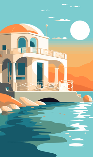 greek building on the beach, sea, ocean, sky, blue and orange, simple vector art style