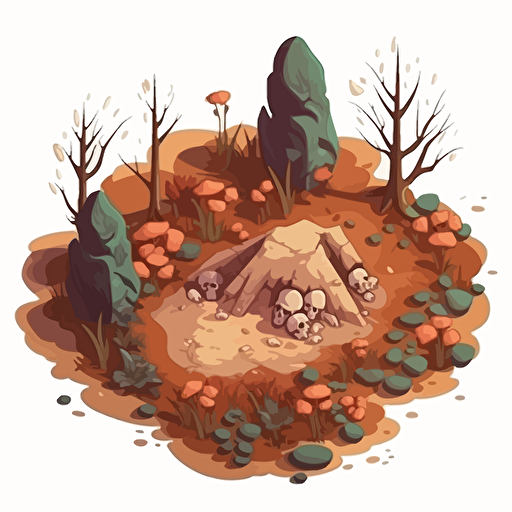 isometric cartoon vector image of a dead botanical garden, dead leaves, brown plants, mud