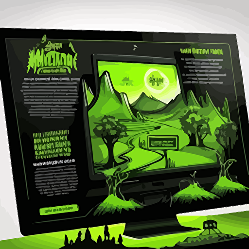 Create a webpage homepage for a web3 company, creative image, 2d vector, cartoon, black & neon green, landscape