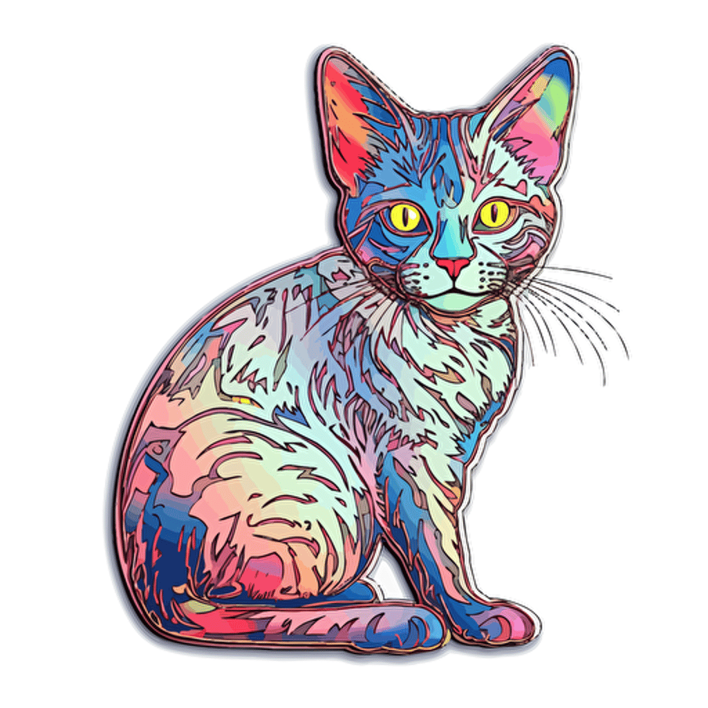 cat, Sticker, Cheerful, Neon, Photorealism, Contour, Vector, White Background