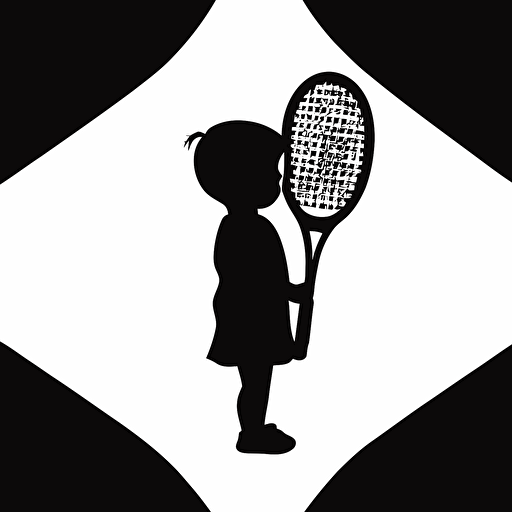 a logo of child silouette holding a tennis racket, black and white, low detail, smooth line, flat, vector