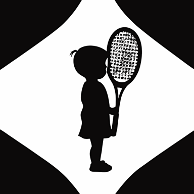 a logo of child silouette holding a tennis racket, black and white, low detail, smooth line, flat, vector
