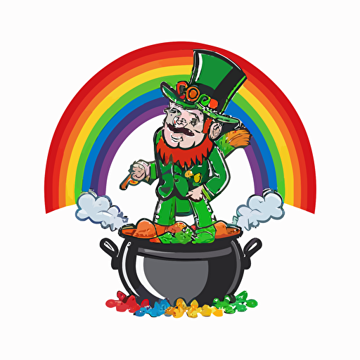 leprechaun at end of rainbow with pot full of gold coins, vector logo, vector art, emblem, simple cartoon, 2d, no text, white background
