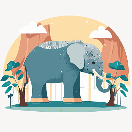 elephant in zoo, big, children's book disney style, flat colors, 2d, vector, white background
