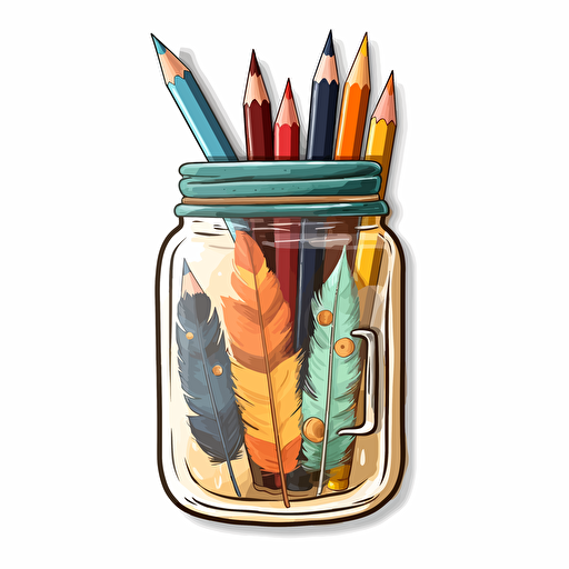 watercolor vector illustration boho pencils and pens in a mason jar sticker white background