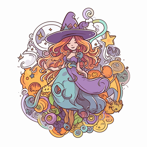 witchy, Sticker, Cute, Tertiary Color, kinetic art style, Contour, Vector, White Background, Detailed