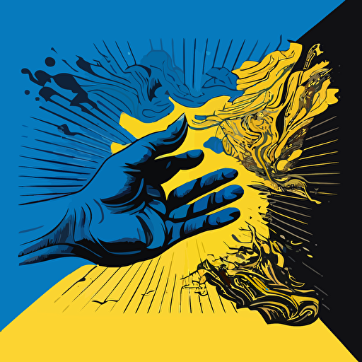 A vector illustration, of a hand in the same profile position as the creation of Adam, entering the digital world, only in blue, yellow and black tones, to create a dynamic composition that focuses on the division of the real and the virtual.