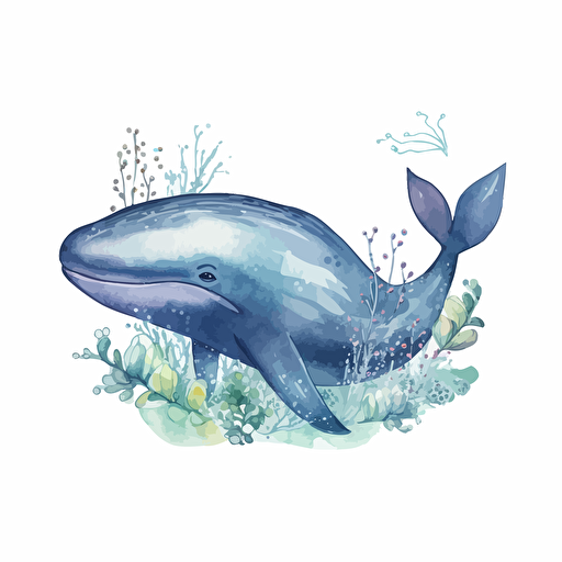 whale, detailed, cartoon style, 2d watercolor clipart vector, creative and imaginative, floral, hd, white background