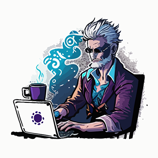 vector art style, A web developer Blond and stubble man High concentration happy , typing code and drinking coffee, giving off incandescent light, use blues and purples, in the style of Michael Parks, sticker