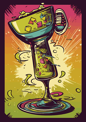 poster, A glass of cocktail standing on top of a skateboard, hypercolor, glide fast, drunk, cartoon, graffiti, vector, illustration