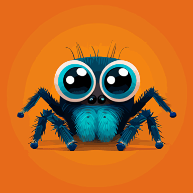 an illustration of an adorable jumping spider with bright teeth, flat vector style limited to 10 colors, giant eyes and eyelashes in a minimal style
