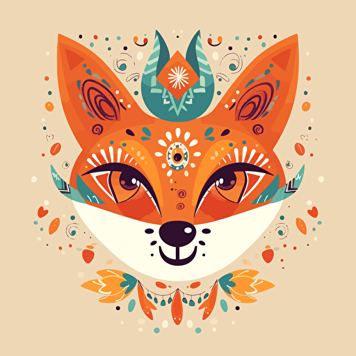 smiling fox, colorful, playful, vector style, bohemian style