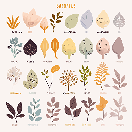 different types of seeds and seedlings, representing the growth and potential of plants, Sticker, Adorable, Pastel, Geometric, Contour, Vector, White Background, Detailed