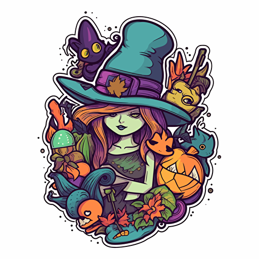 witchy, Sticker, Cute, Tertiary Color, kinetic art style, Contour, Vector, White Background, Detailed