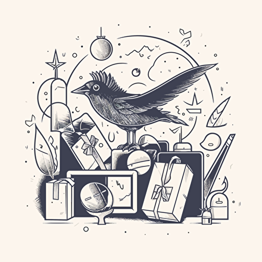 Illustration of a bird flying over gift boxes holding a magnifying glass. doodle style vector minimalist