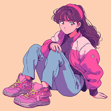 Anime girl, new retro illustration, japanese 1980s, flat color, outline, thick coating, vector art:0.3,manga:0.5