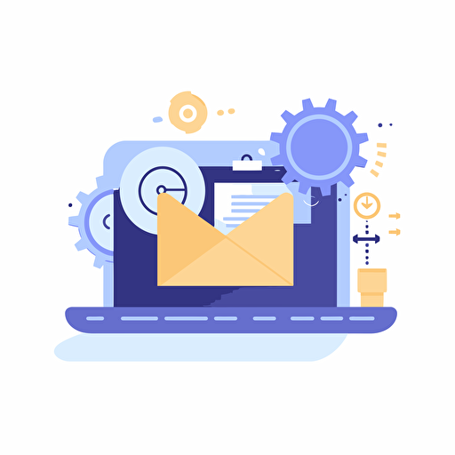 Depict a visualization of a cold email message. flat style illustration for business ideas, flat design vector, industrial, light color pallet using a limited color pallet, high resolution, engineering/ construction and design, colored cartoon style, light indigo and light gold, cad( computer aided design) , white background