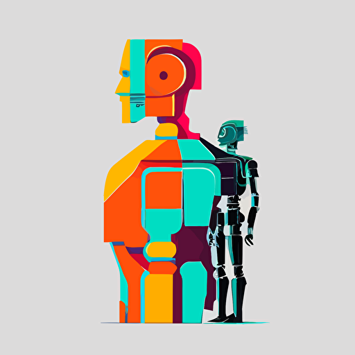 a half robot half human illustration in the style of Giacamo Bagnaro minimal bright vector style