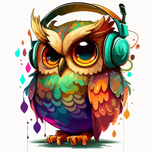 sticker, Happy Colorful Owl Wearing Headphone, Kwaii, vector, contour, white background